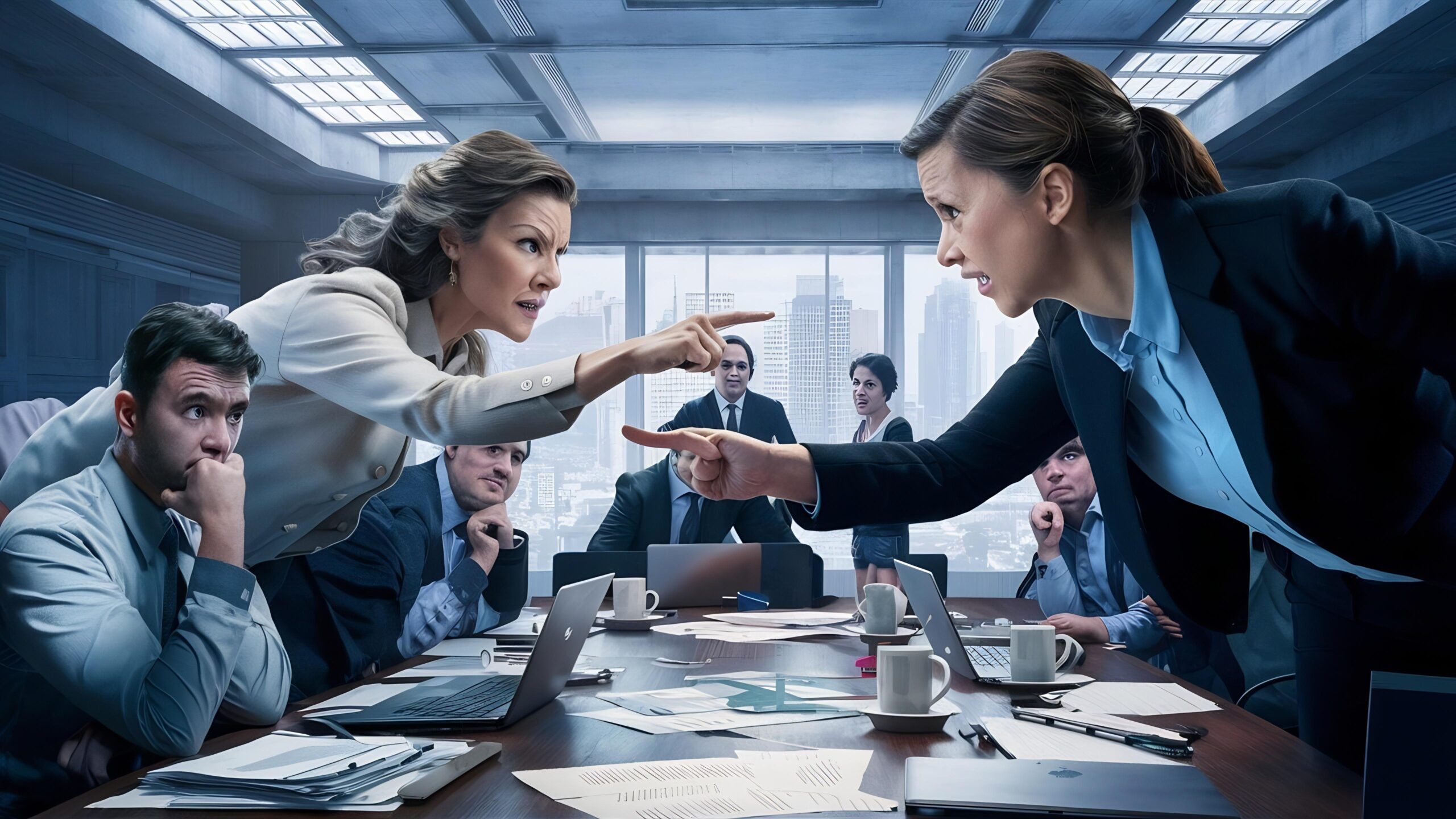 Executive and employee in conflict during a team meeting