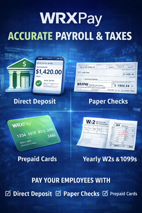 Payroll services El Paso: WRXPay direct deposit, paper checks, prepaid cards and W-2s
